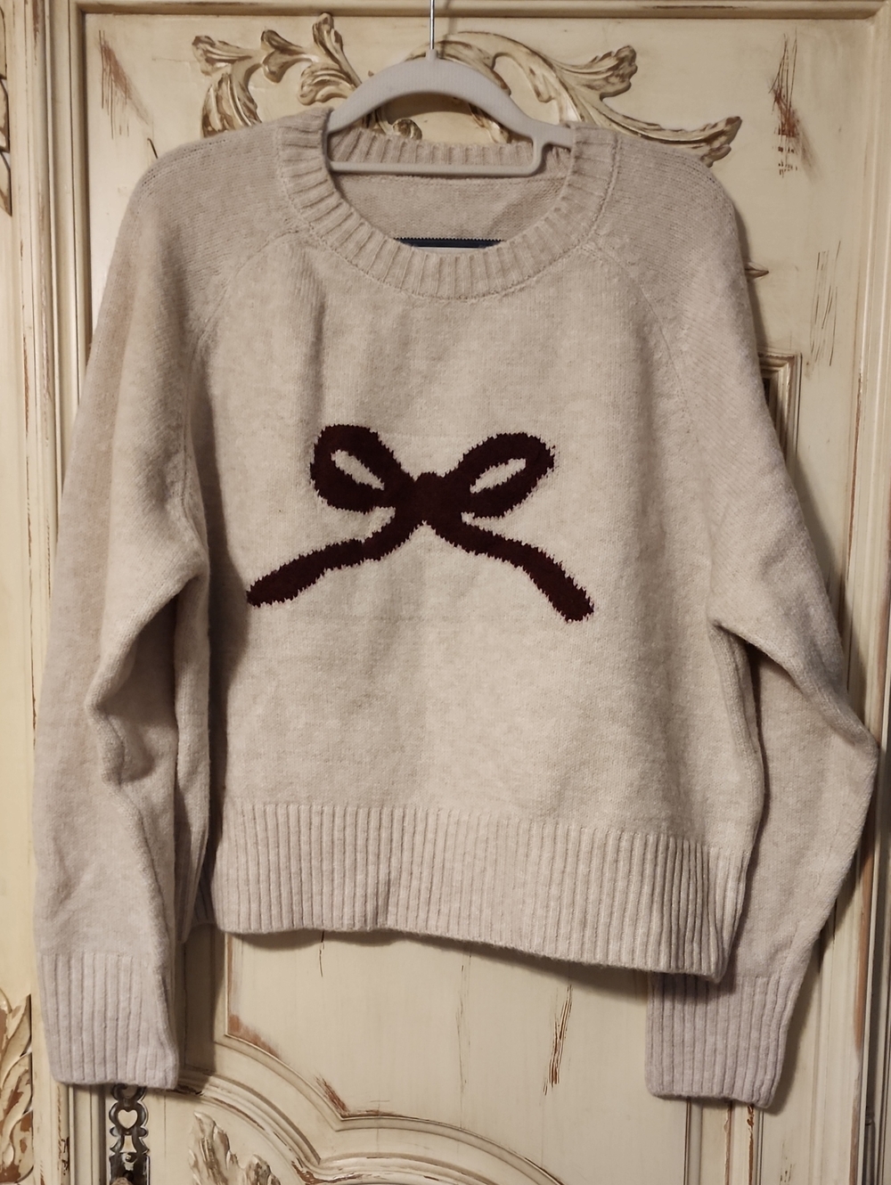 Bow Motif Crewneck Sweater Beige XL